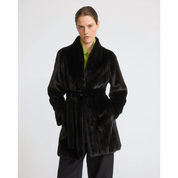 Yves Salomon Short Belted Straightened Long-Haired Mink Fur Coat in Black | Mink Coats | Coveti