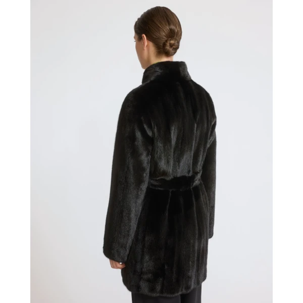 Yves Salomon Short Belted Straightened Long-Haired Mink Fur Coat in Black | Mink Coats | Coveti