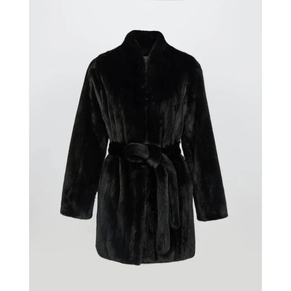 Yves Salomon Short Belted Straightened Long-Haired Mink Fur Coat in Black | Mink Coats | Coveti