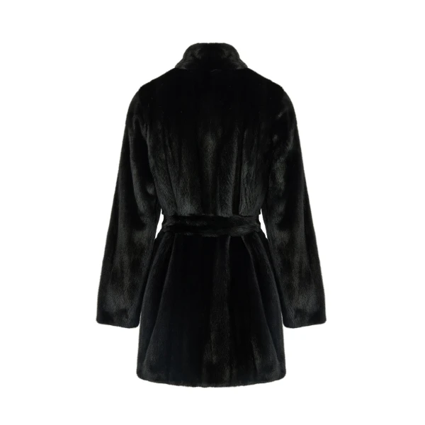 Short Belted Straightened Long-Haired Mink Fur Coat in Black