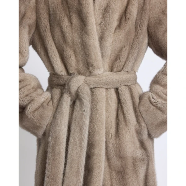 Yves Salomon Short Belted Straightened Long-Haired Mink Fur Coat in Grey | Coats | Coveti