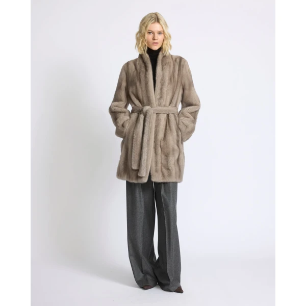 Yves Salomon Short Belted Straightened Long-Haired Mink Fur Coat in Grey | Coats | Coveti