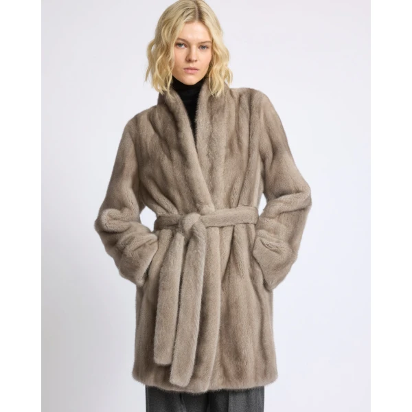 Yves Salomon Short Belted Straightened Long-Haired Mink Fur Coat in Grey | Coats | Coveti