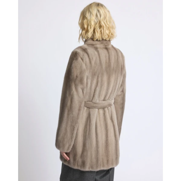 Yves Salomon Short Belted Straightened Long-Haired Mink Fur Coat in Grey | Coats | Coveti