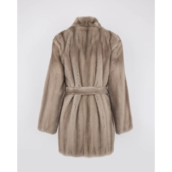 Yves Salomon Short Belted Straightened Long-Haired Mink Fur Coat in Grey | Coats | Coveti
