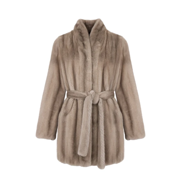 Yves Salomon Short Belted Straightened Long-Haired Mink Fur Coat in Grey | Coats | Coveti