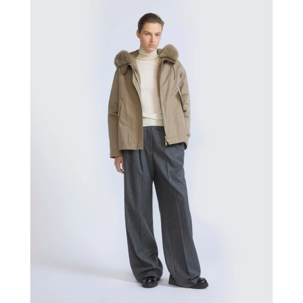 Yves Salomon Short Cotton Parka with Fox and Rabbit Fur in Beige | Jackets | Coveti
