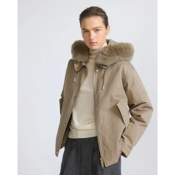Yves Salomon Short Cotton Parka with Fox and Rabbit Fur in Beige | Jackets | Coveti