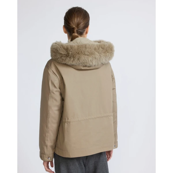 Yves Salomon Short Cotton Parka with Fox and Rabbit Fur in Beige | Jackets | Coveti