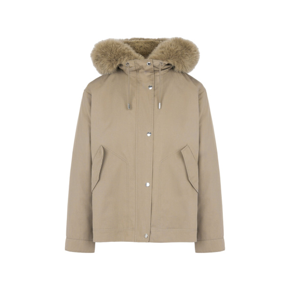 Yves Salomon Short Cotton Parka with Fox and Rabbit Fur in Beige | Women | Coveti