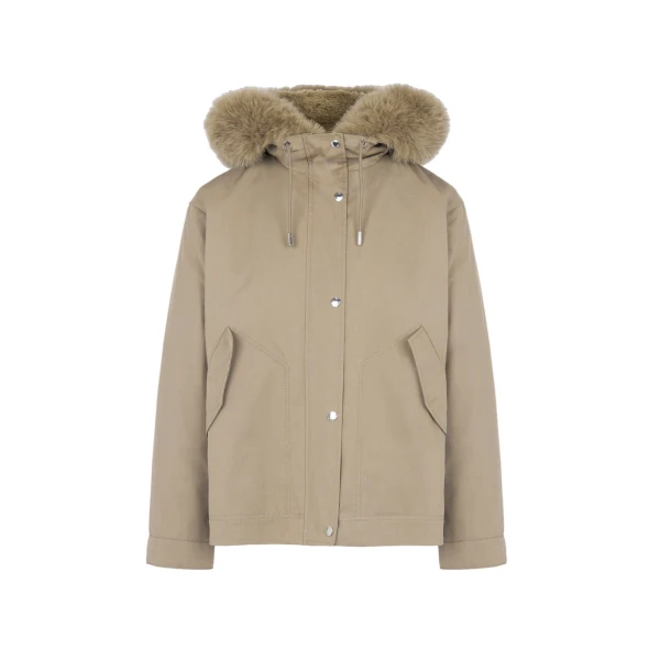 Yves Salomon Short Cotton Parka with Fox and Rabbit Fur in Beige | Women | Coveti
