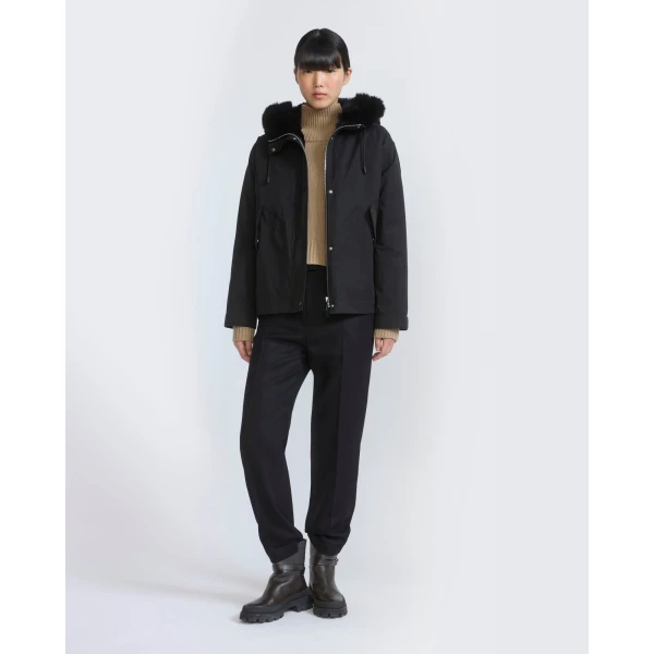 Yves Salomon Short Cotton Parka with Fox and Rabbit Fur in Black | Jackets | Coveti
