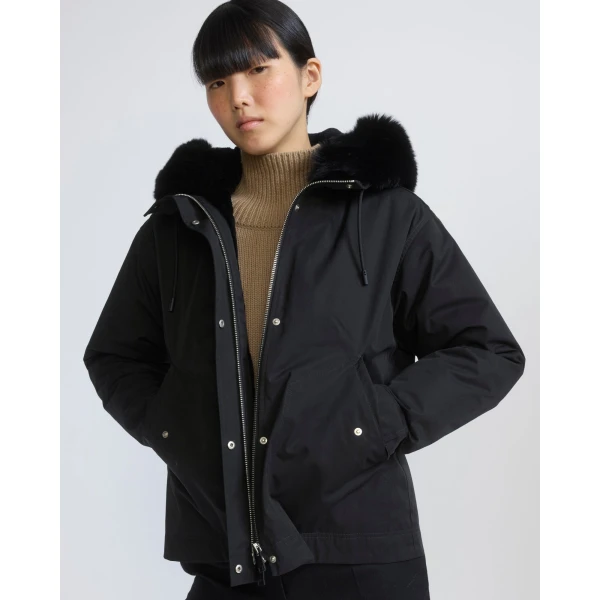 Yves Salomon Short Cotton Parka with Fox and Rabbit Fur in Black | Jackets | Coveti