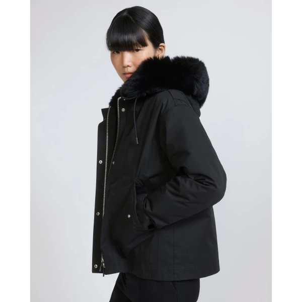 Yves Salomon Short Cotton Parka with Fox and Rabbit Fur in Black | Jackets | Coveti