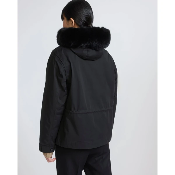 Yves Salomon Short Cotton Parka with Fox and Rabbit Fur in Black | Jackets | Coveti