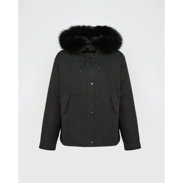 Yves Salomon Short Cotton Parka with Fox and Rabbit Fur in Black | Jackets | Coveti