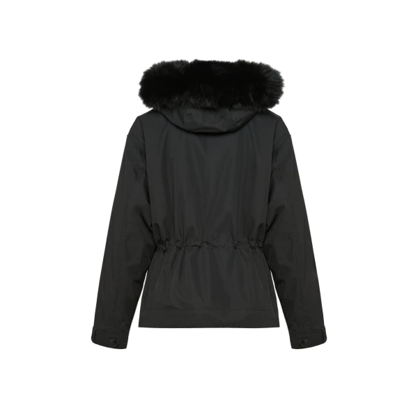 Short Cotton Parka with Fox and Rabbit Fur in Black