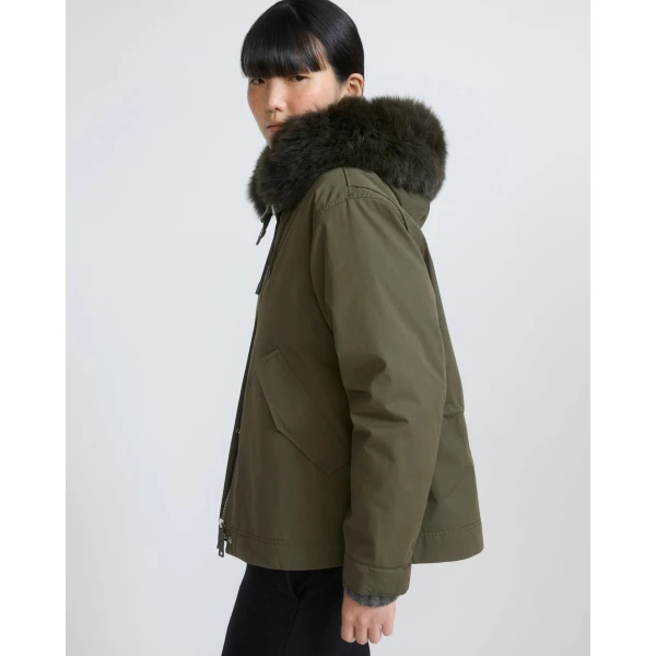 Yves Salomon Short Cotton Parka with Fox and Rabbit Fur in Dark Khaki | Jackets | Coveti