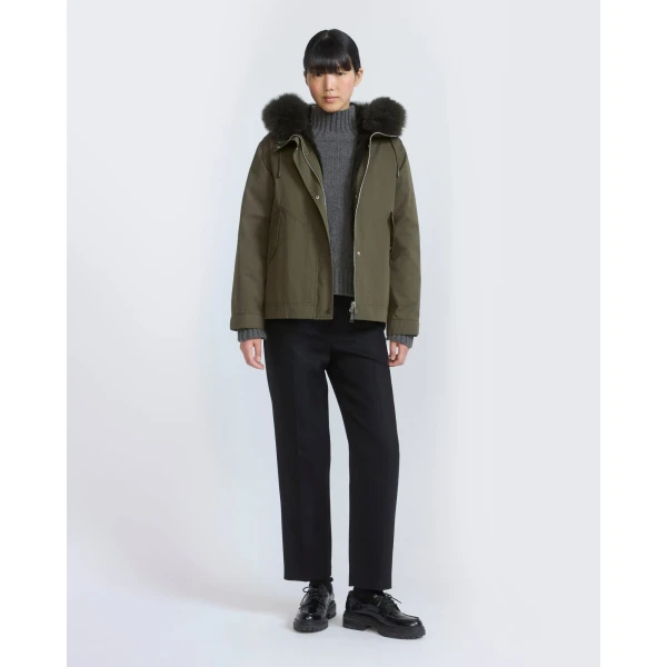 Yves Salomon Short Cotton Parka with Fox and Rabbit Fur in Dark Khaki | Jackets | Coveti