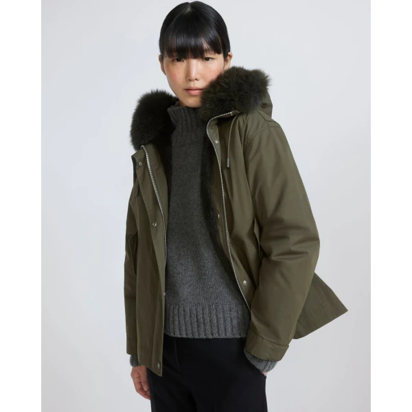 Yves Salomon Short Cotton Parka with Fox and Rabbit Fur in Dark Khaki | Jackets | Coveti