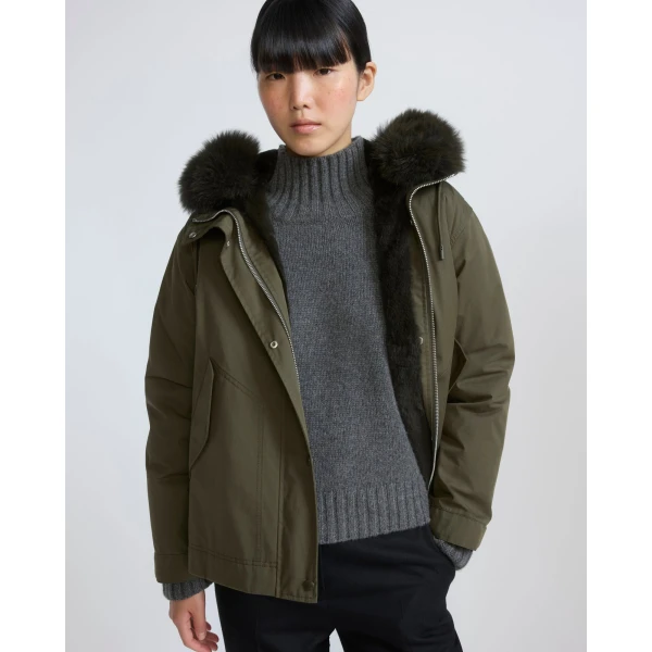 Yves Salomon Short Cotton Parka with Fox and Rabbit Fur in Dark Khaki | Jackets | Coveti