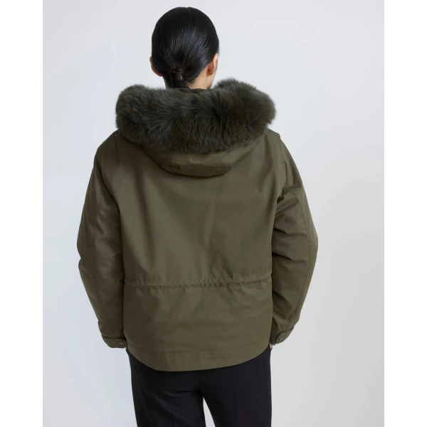 Yves Salomon Short Cotton Parka with Fox and Rabbit Fur in Dark Khaki | Jackets | Coveti