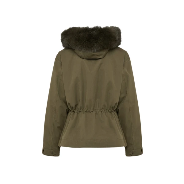 Yves Salomon Short Cotton Parka with Fox and Rabbit Fur in Dark Khaki | Jackets | Coveti