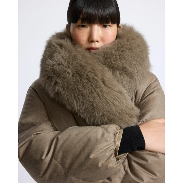Yves Salomon Short Double-Breasted Flannel Down Jacket with Fox Fur Collar in Beige | Jackets | Coveti
