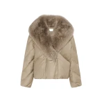 Yves Salomon Short Double-Breasted Flannel Down Jacket with Fox Fur Collar in Beige | Jackets | Coveti
