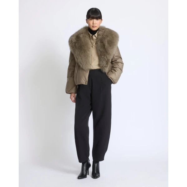 Yves Salomon Short Double-Breasted Flannel Down Jacket with Fox Fur Collar in Beige | Jackets | Coveti
