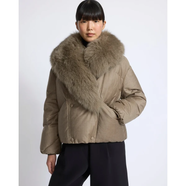 Yves Salomon Short Double-Breasted Flannel Down Jacket with Fox Fur Collar in Beige | Jackets | Coveti