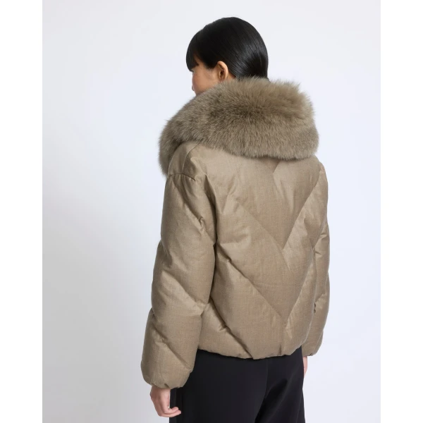 Yves Salomon Short Double-Breasted Flannel Down Jacket with Fox Fur Collar in Beige | Jackets | Coveti