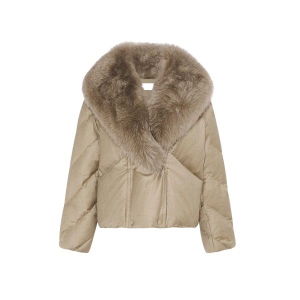 Yves Salomon Short Double-Breasted Flannel Down Jacket with Fox Fur Collar in Beige | Jackets | Coveti