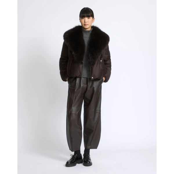 Yves Salomon Short Double-Breasted Flannel Down Jacket with Fox Fur Collar in Brown | Jackets | Coveti