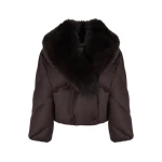 Yves Salomon Short Double-Breasted Flannel Down Jacket with Fox Fur Collar in Brown | Jackets | Coveti