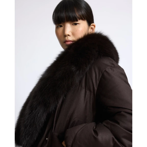 Yves Salomon Short Double-Breasted Flannel Down Jacket with Fox Fur Collar in Brown | Jackets | Coveti