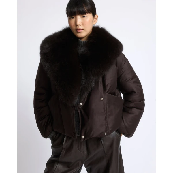 Yves Salomon Short Double-Breasted Flannel Down Jacket with Fox Fur Collar in Brown | Jackets | Coveti