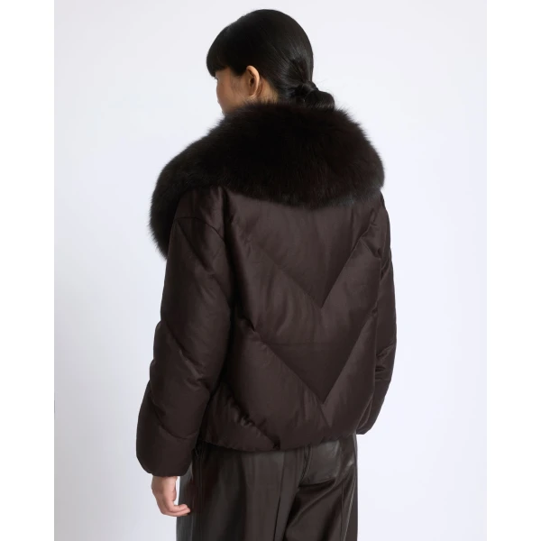 Yves Salomon Short Double-Breasted Flannel Down Jacket with Fox Fur Collar in Brown | Jackets | Coveti