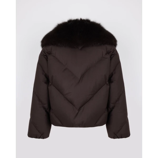Yves Salomon Short Double-Breasted Flannel Down Jacket with Fox Fur Collar in Brown | Jackets | Coveti