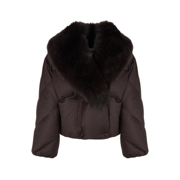 Yves Salomon Short Double-Breasted Flannel Down Jacket with Fox Fur Collar in Brown | Jackets | Coveti