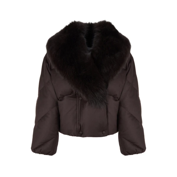 Short Double-Breasted Flannel Down Jacket with Fox Fur Collar in Brown