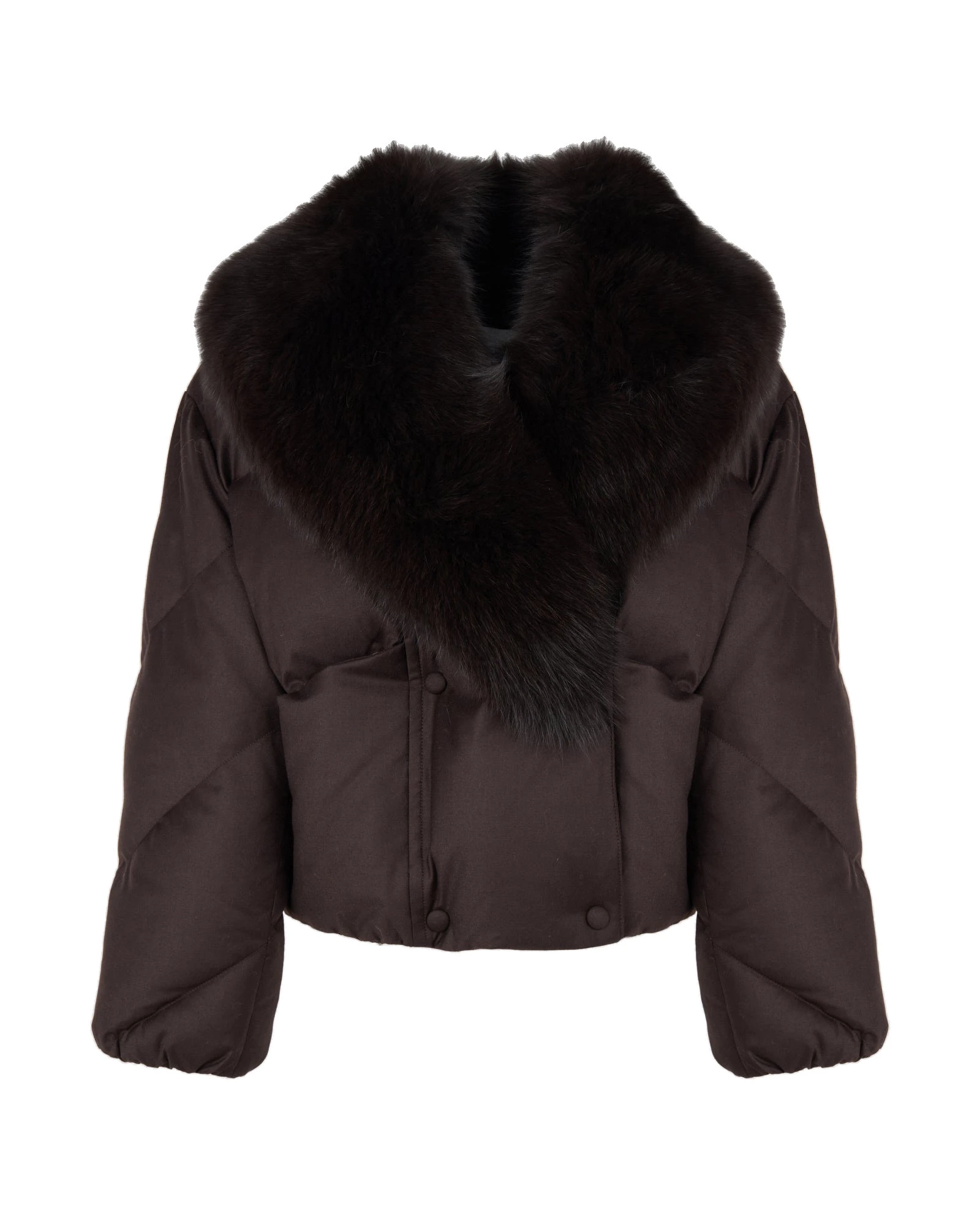 Yves Salomon Short Double-Breasted Flannel Down Jacket with Fox Fur Collar in Brown Yves Salomon Short Double-Breasted Flannel Down Jacket with Fox Fur Collar in Brown | Jackets | Coveti