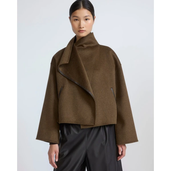 Yves Salomon Short Double-Sided Cashmere Wool Jacket with Lambskin Leather in Brown | Jackets | Coveti