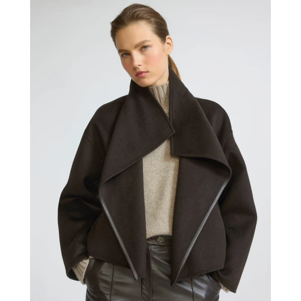 Yves Salomon Short Double-Sided Cashmere Wool Jacket with Lambskin Leather in Brown | Jackets | Coveti