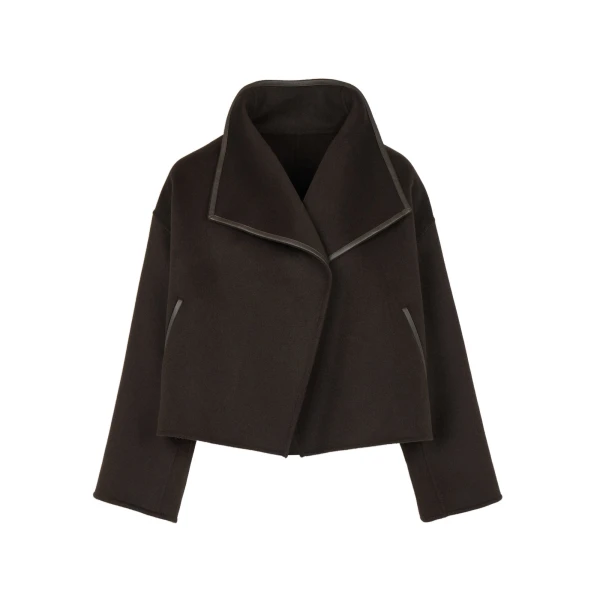 Short Double-Sided Cashmere Wool Jacket with Lambskin Leather in Brown