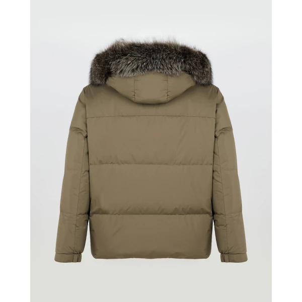 Yves Salomon Short Down Jacket with Removable Fox Fur Hood Trim in Khaki | Men's Jackets | Coveti
