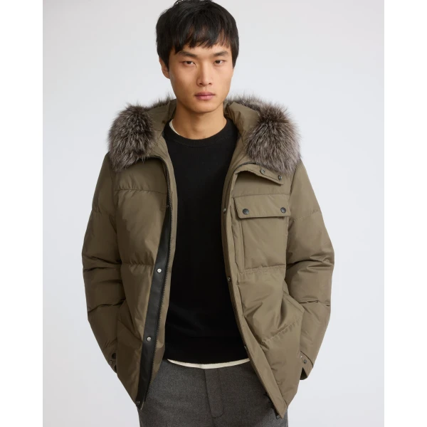 Yves Salomon Short Down Jacket with Removable Fox Fur Hood Trim in Khaki | Men's Jackets | Coveti