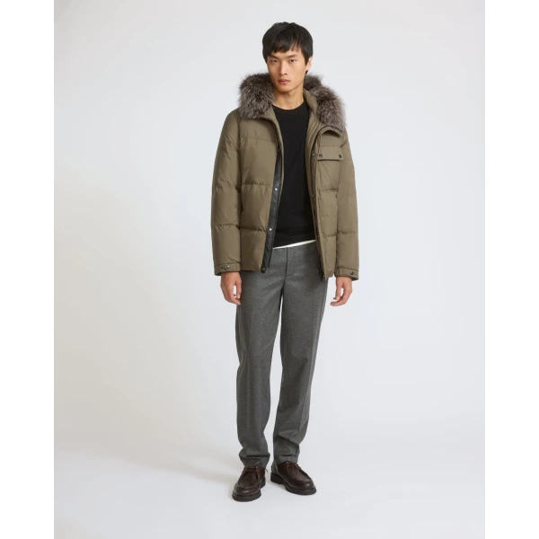 Yves Salomon Short Down Jacket with Removable Fox Fur Hood Trim in Khaki | Men's Jackets | Coveti