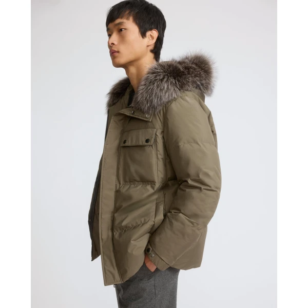 Yves Salomon Short Down Jacket with Removable Fox Fur Hood Trim in Khaki | Men's Jackets | Coveti