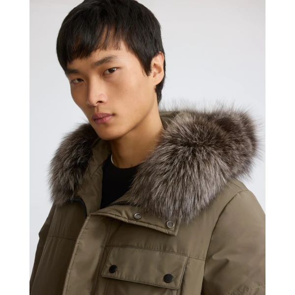 Yves Salomon Short Down Jacket with Removable Fox Fur Hood Trim in Khaki | Men's Jackets | Coveti